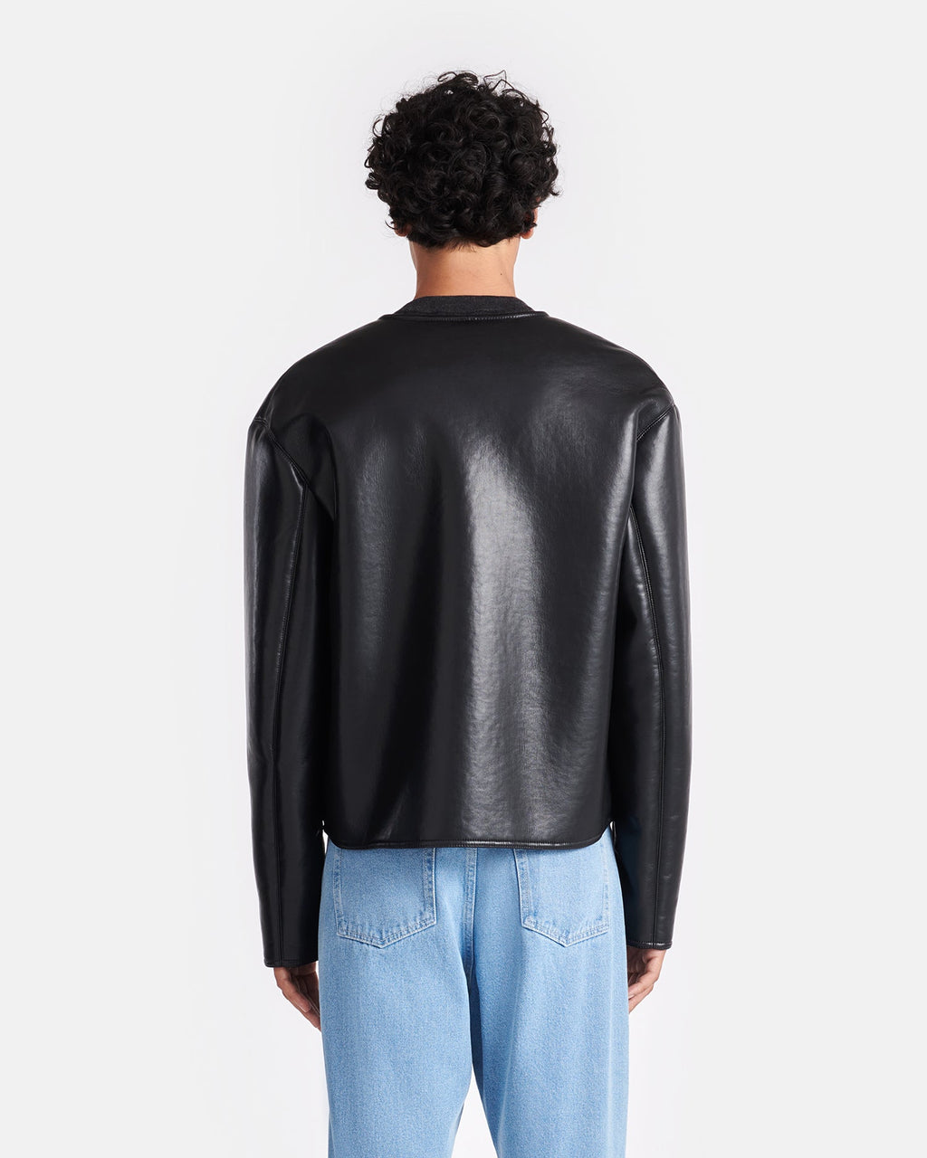 Veste droite sans col en cuir recyclé avec bordure en peau lainée Noir Marron