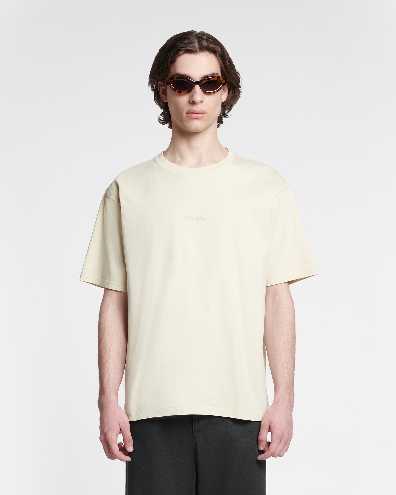 T-shirt unisexe en jersey de coton crème brodé, coupe décontractée