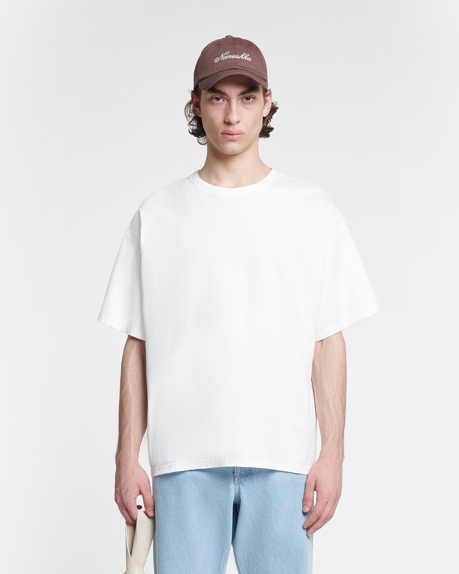 T-shirt brodé oversize en jersey de coton épais blanc cassé à col rond