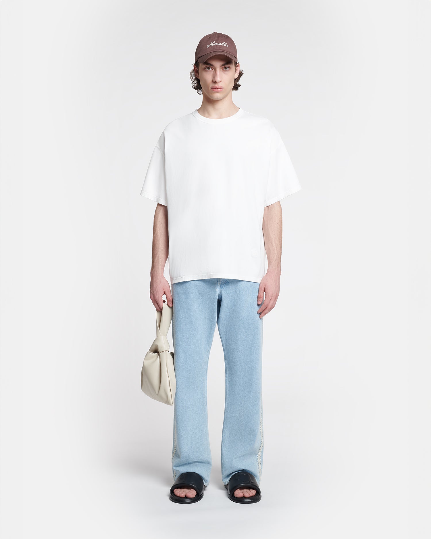 T-shirt brodé oversize en jersey de coton épais blanc cassé à col rond
