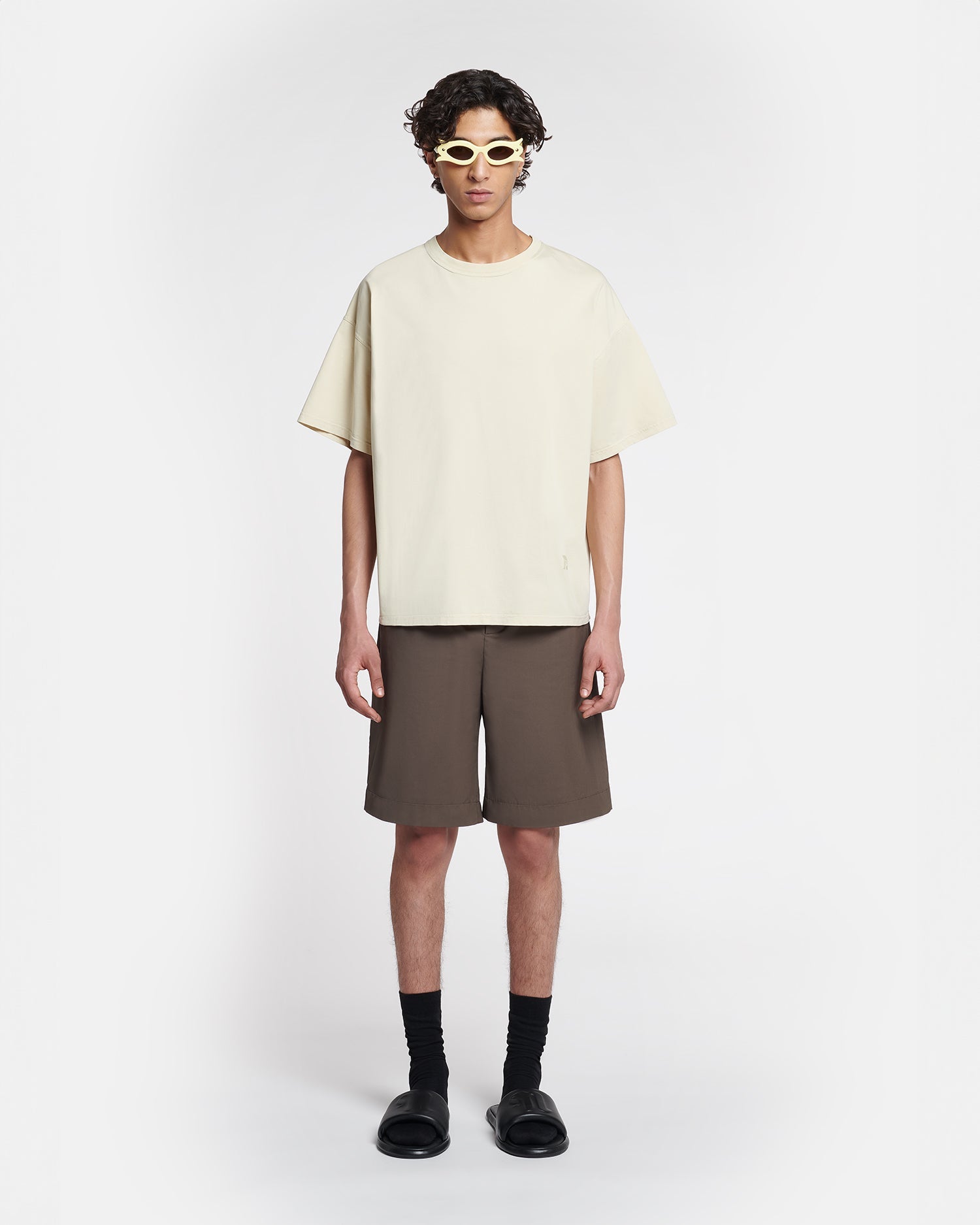 T-shirt col rond en coton épais oversize crème