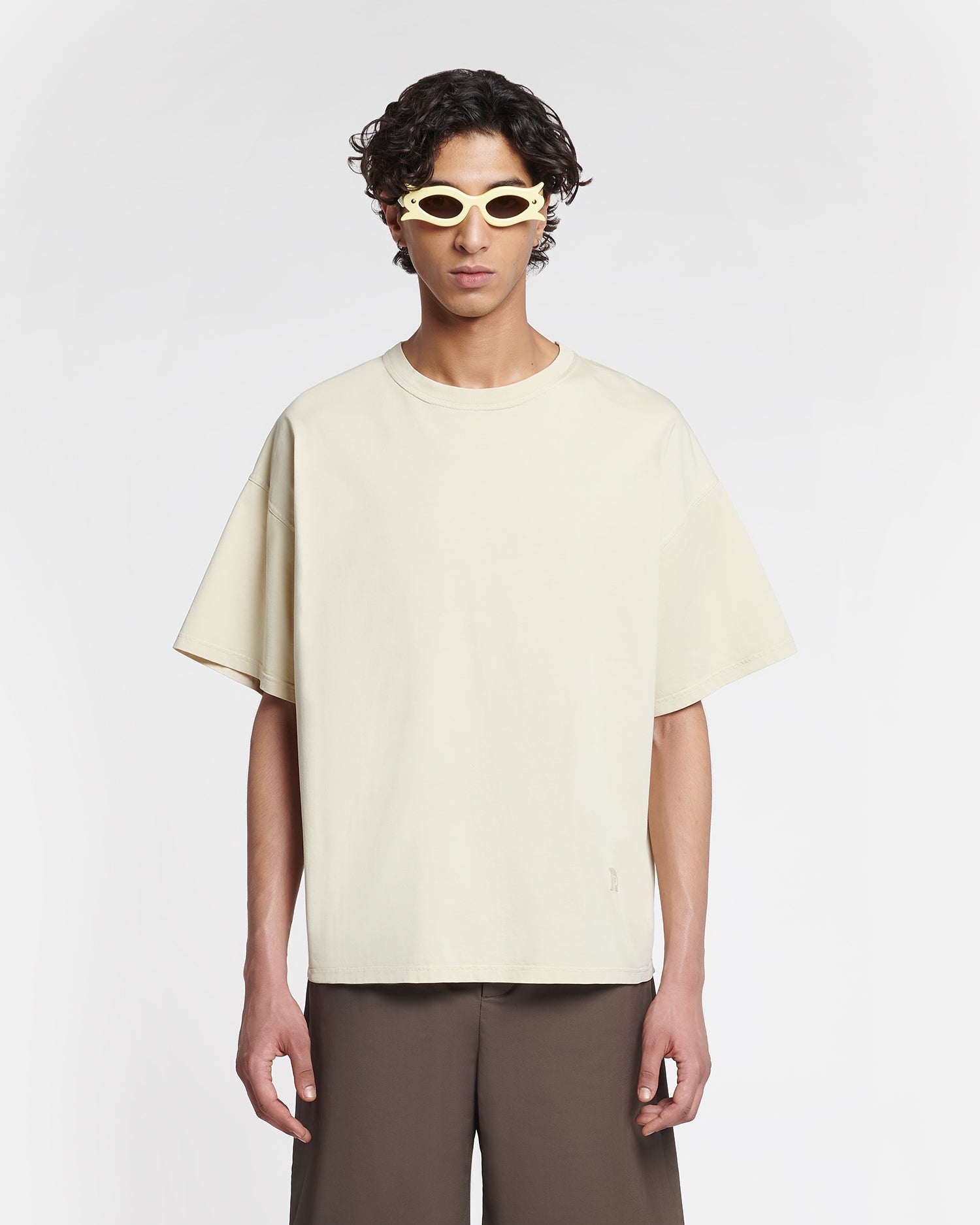 T-shirt col rond en coton épais oversize crème