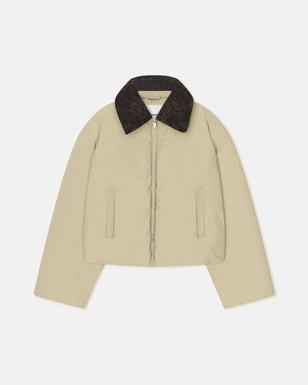 Veste Technique Courte en Nylon Beige Sauge avec Col en Fausse Fourrure Foncée