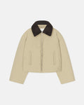 Veste Technique Courte en Nylon Beige Sauge avec Col en Fausse Fourrure Foncée