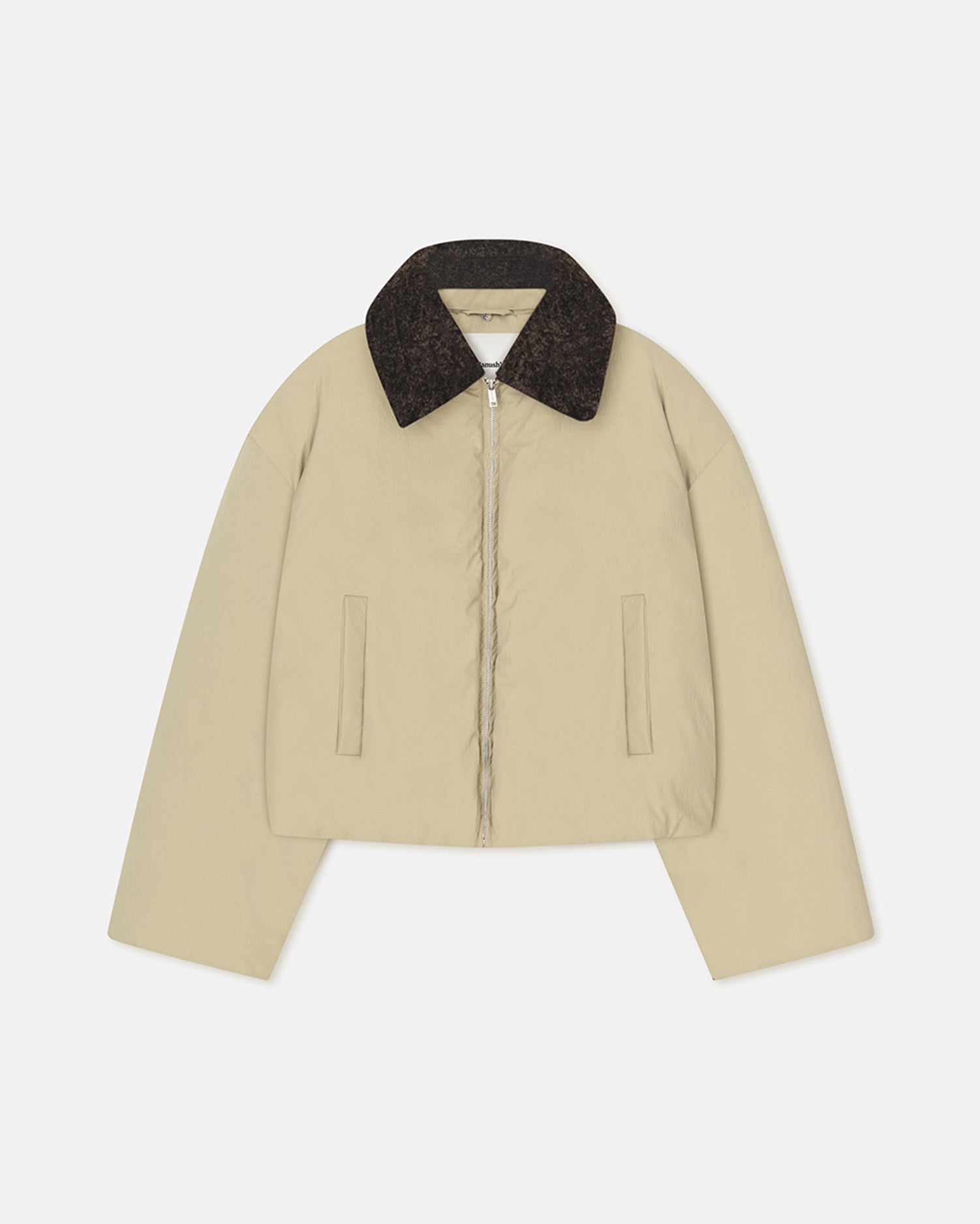 Veste Technique Courte en Nylon Beige Sauge avec Col en Fausse Fourrure Foncée