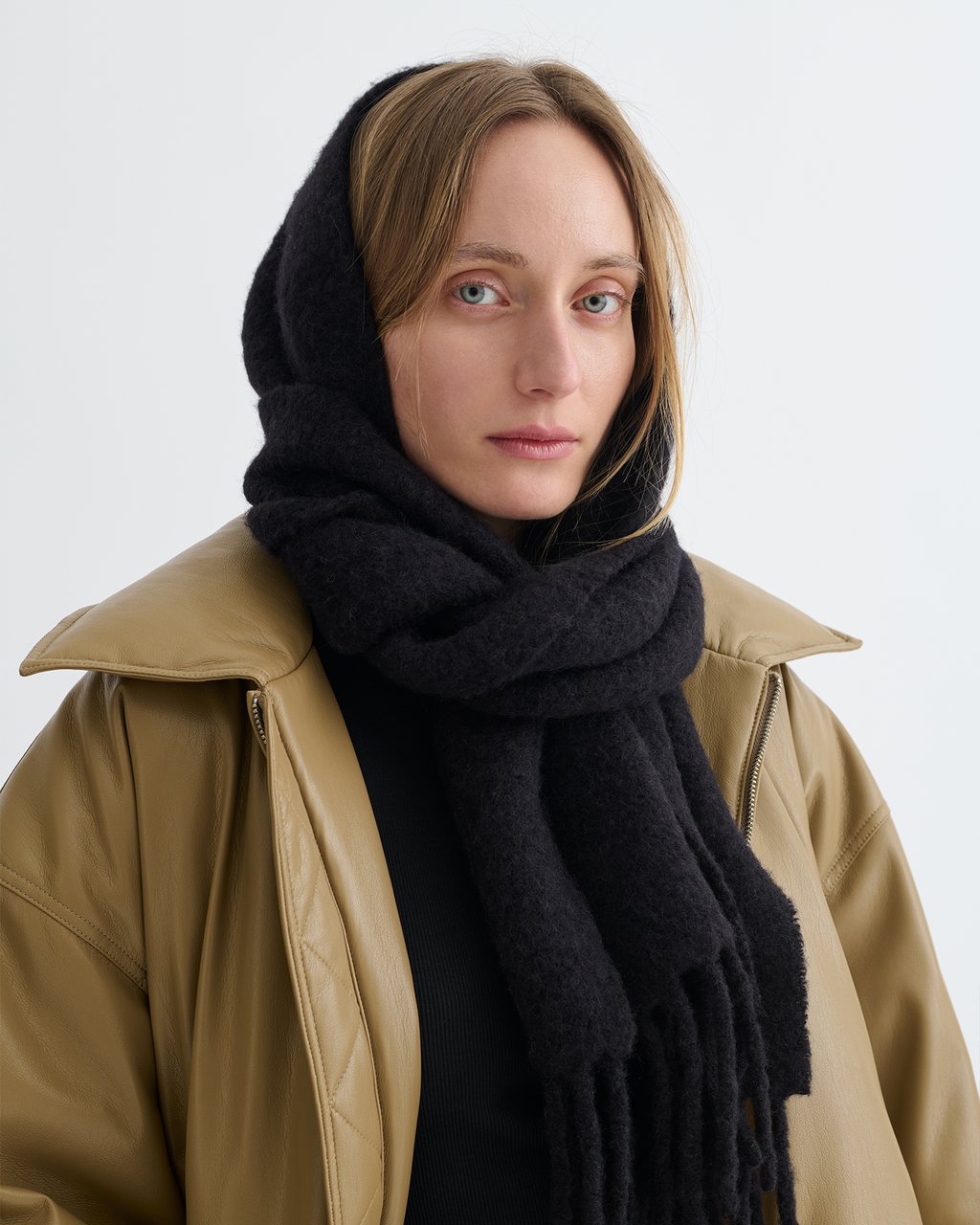 Écharpe fine en mélange de laine avec franges, douce, chaude, noire, accessoire d'hiver