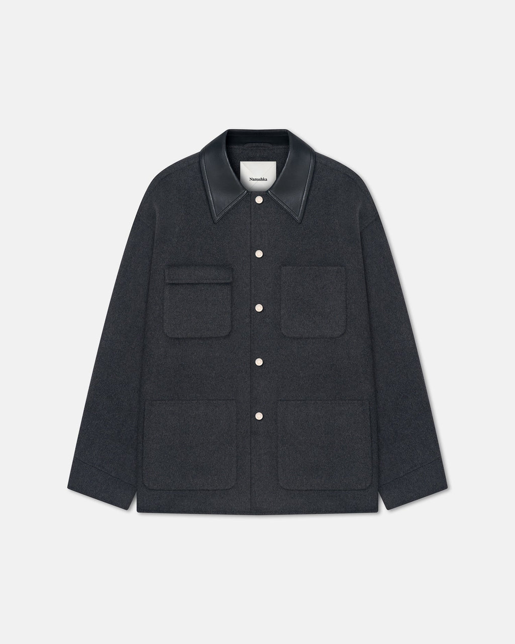 Veste double en laine oversize avec col en cuir régénéré gris chiné