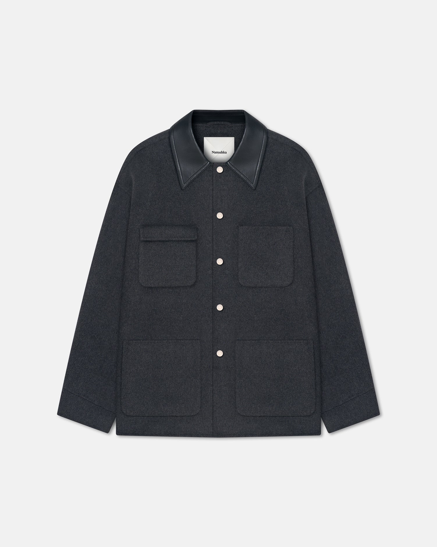 Veste double en laine oversize avec col en cuir régénéré gris chiné