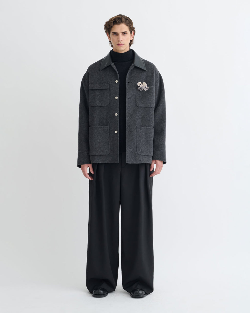 Veste double en laine oversize avec col en cuir régénéré gris chiné