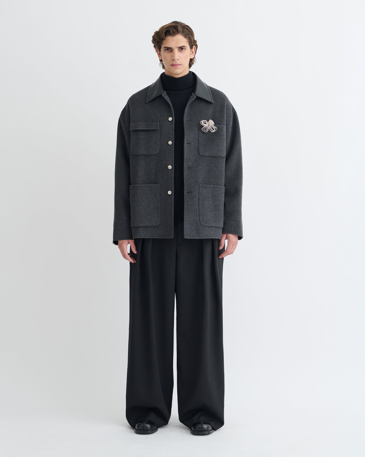 Veste double en laine oversize avec col en cuir régénéré gris chiné