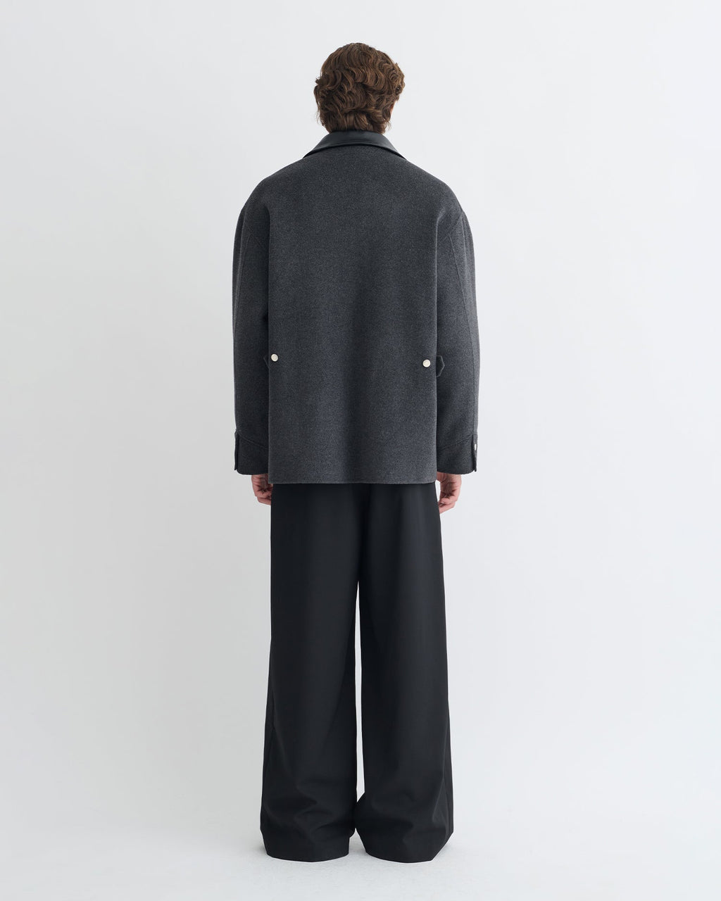 Veste double en laine oversize avec col en cuir régénéré gris chiné