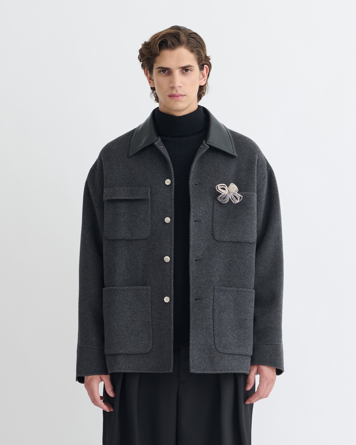 Veste double en laine oversize avec col en cuir régénéré gris chiné