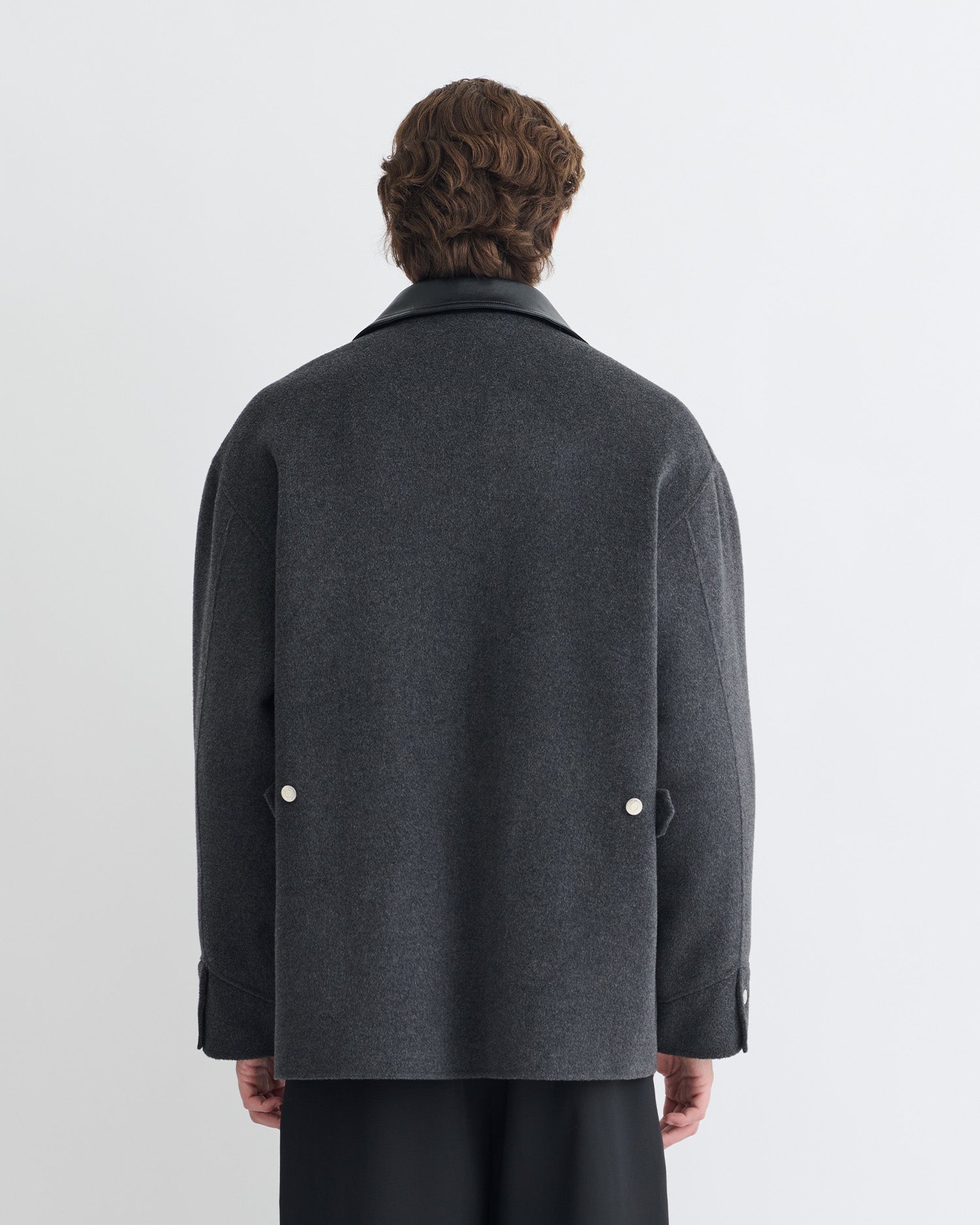 Veste double en laine oversize avec col en cuir régénéré gris chiné