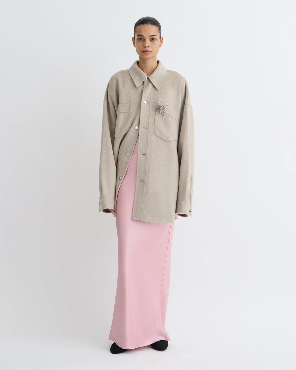Surchemise double laine oversize veste boutonnée beige clair