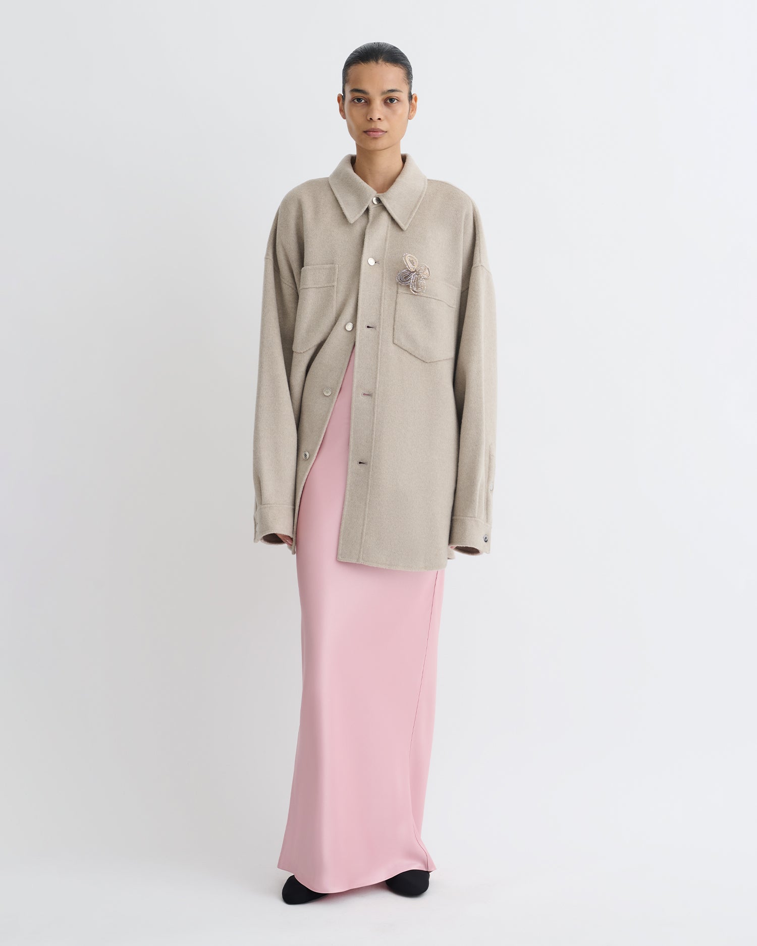 Surchemise double laine oversize veste boutonnée beige clair