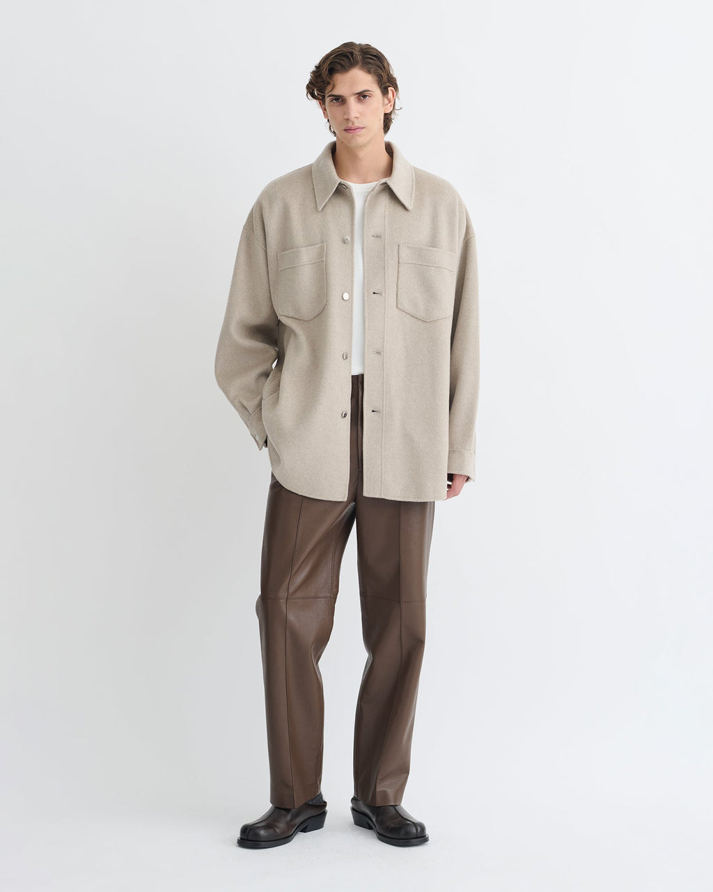 Surchemise double laine oversize veste boutonnée beige clair
