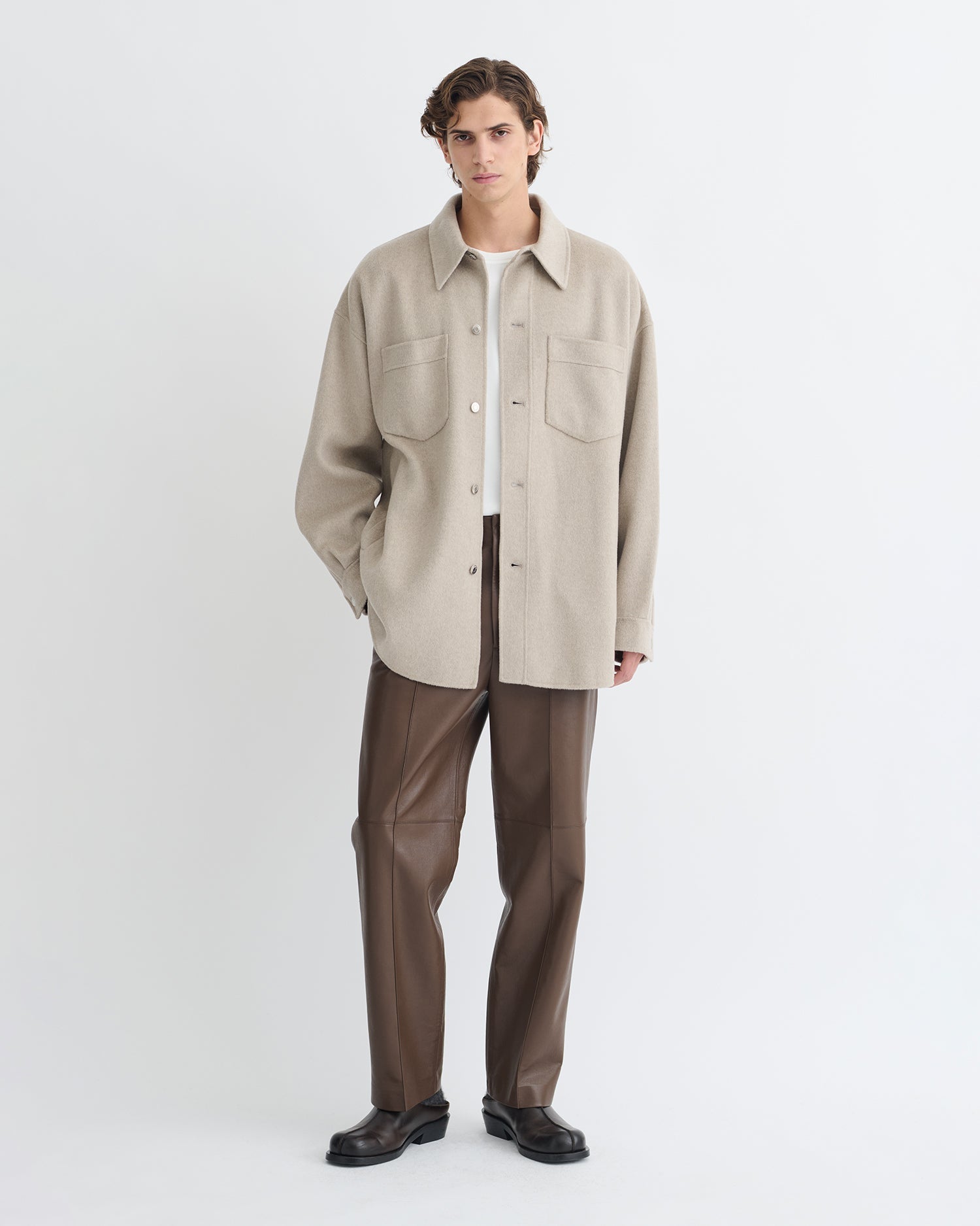 Surchemise double laine oversize veste boutonnée beige clair