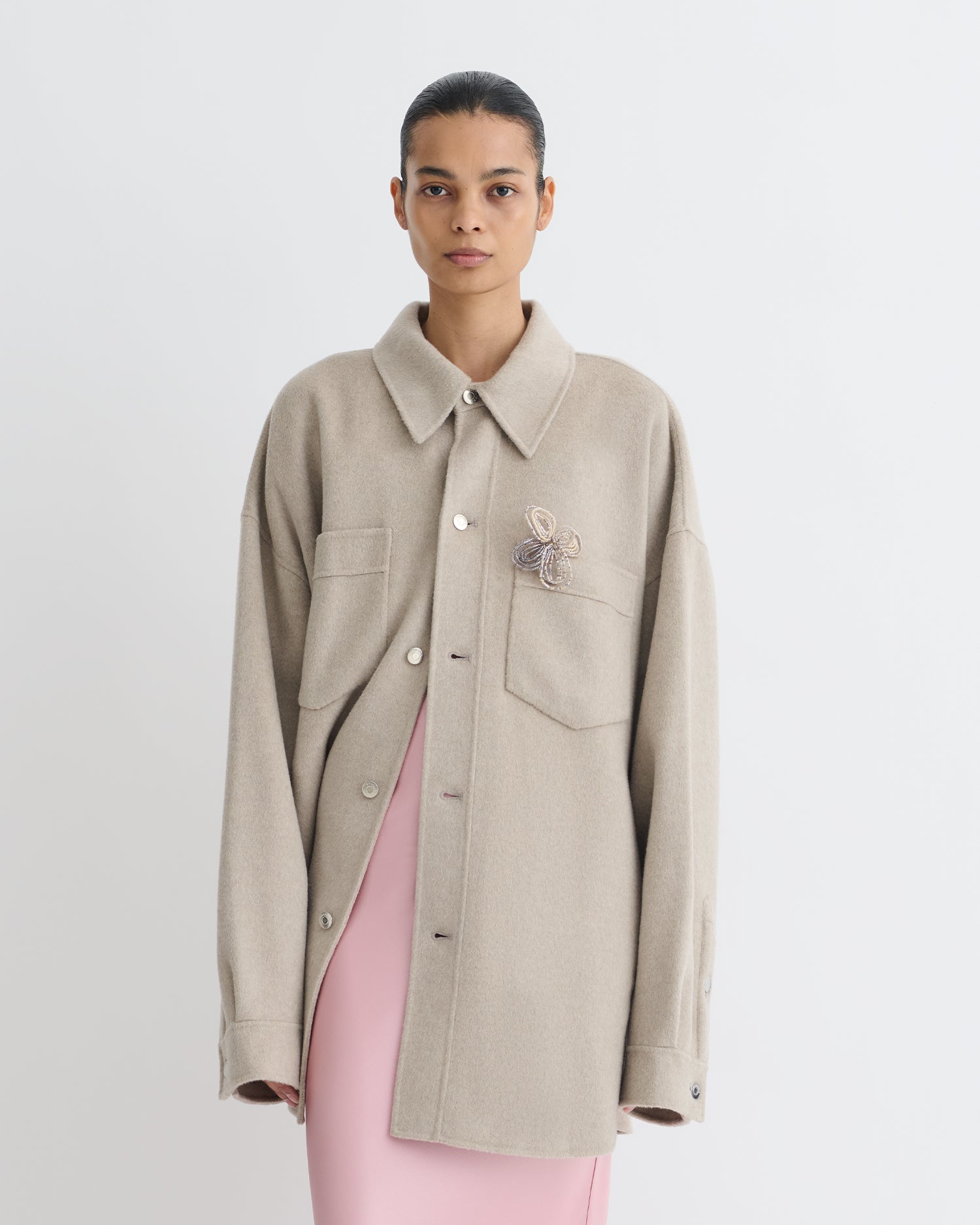 Surchemise double laine oversize veste boutonnée beige clair