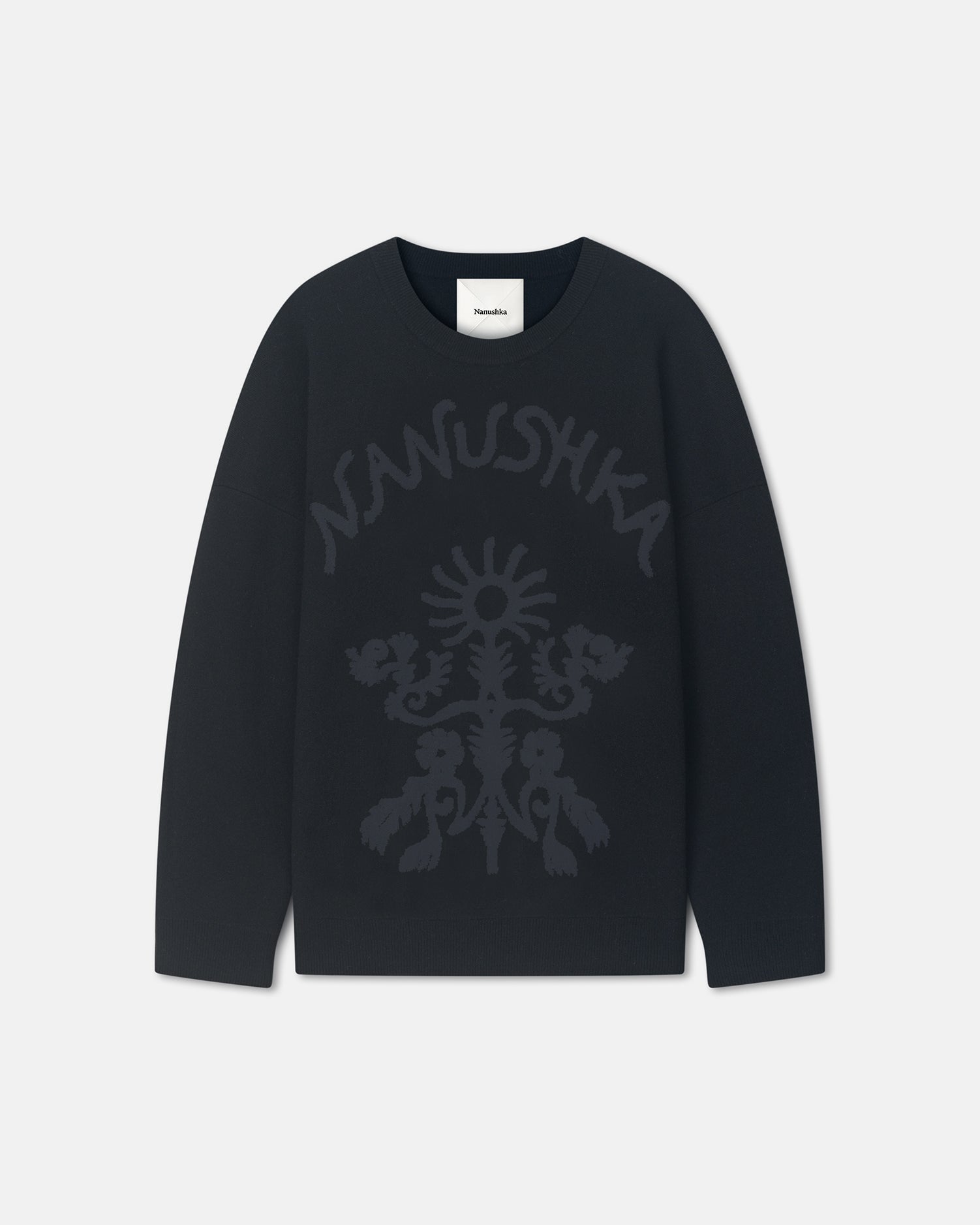 Pull en jacquard mérinos bouclette oversize à motif graphique noir et blanc cassé