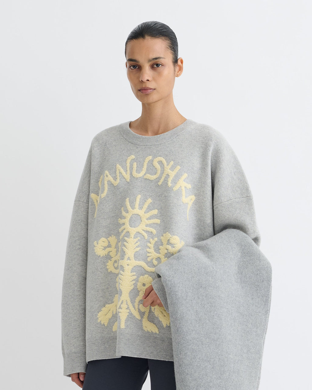 Pull ras-du-cou oversize en laine mérinos jacquard motif gris clair et crème