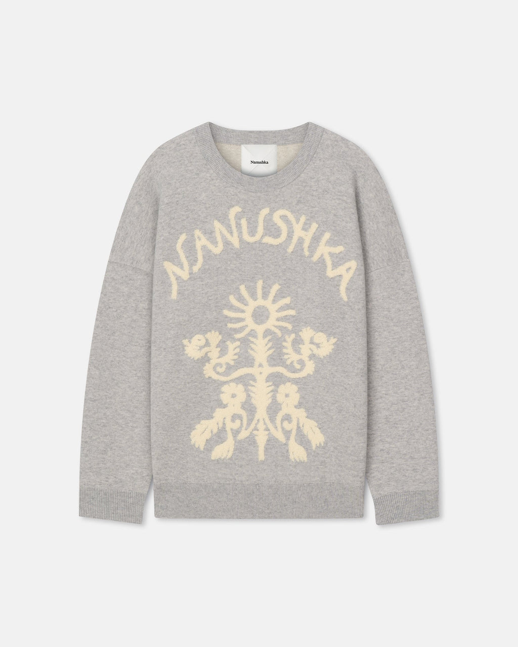 Pull ras-du-cou oversize en laine mérinos jacquard motif gris clair et crème