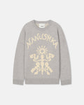 Pull ras-du-cou oversize en laine mérinos jacquard motif gris clair et crème
