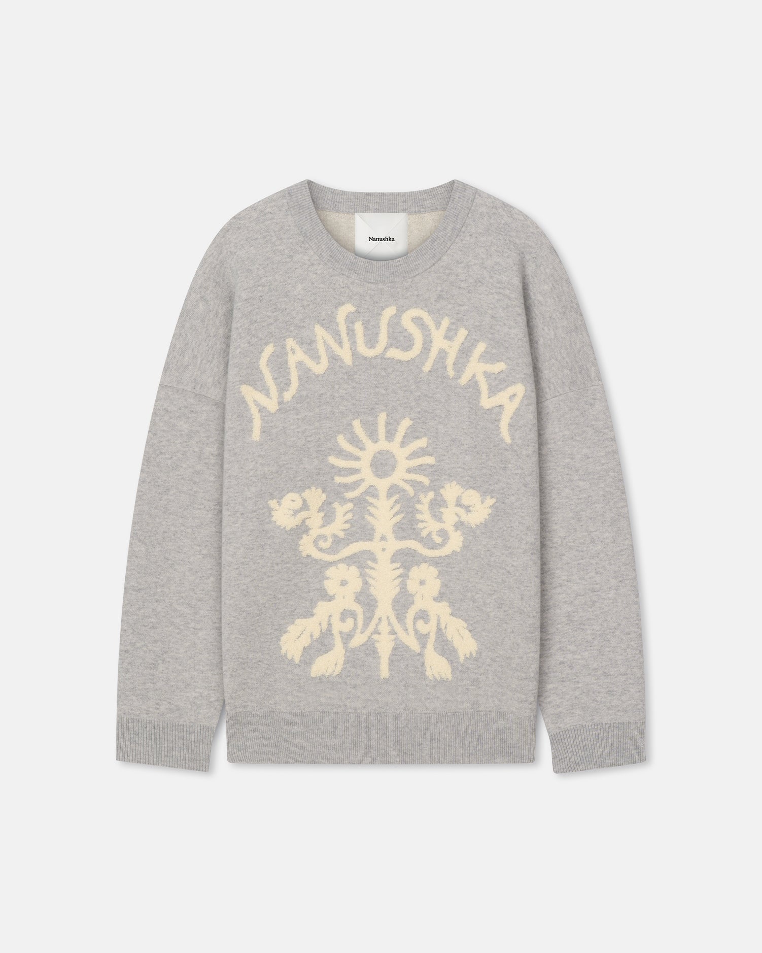 Pull ras-du-cou oversize en laine mérinos jacquard motif gris clair et crème