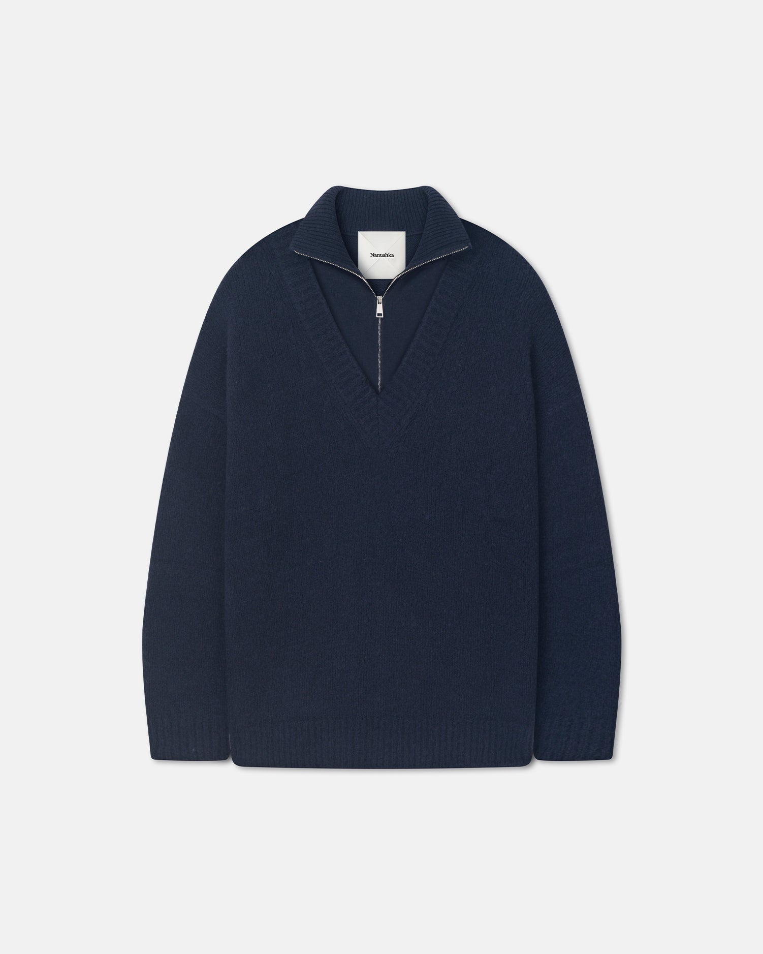 Pull col roulé mi-zippé bleu marine oversize en laine mérinos brossée