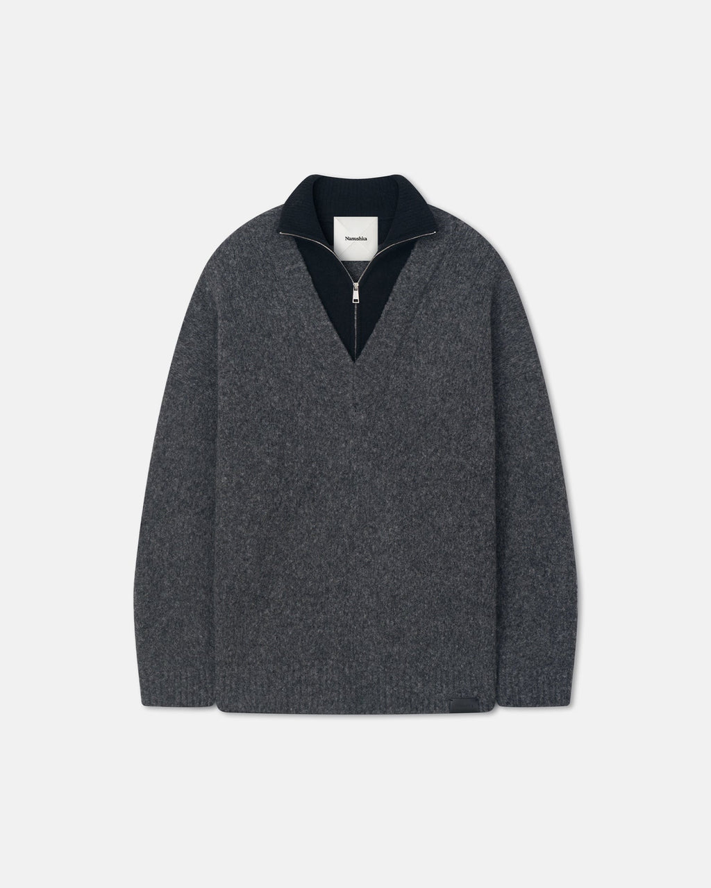 Pull en mérinos brossé col V oversize anthracite col roulé zippé