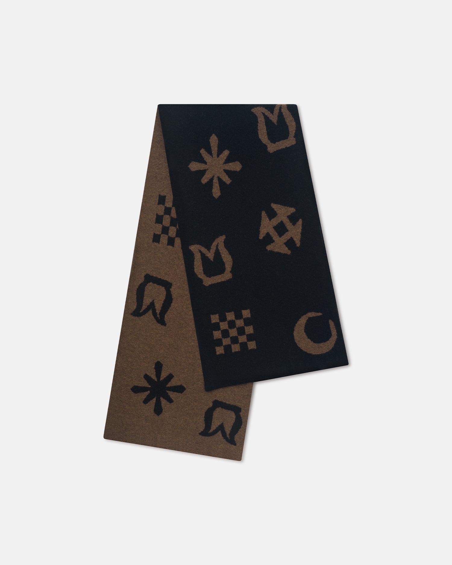 Écharpe en maille brossée mélange alpaga motif symboles marron noir unisexe