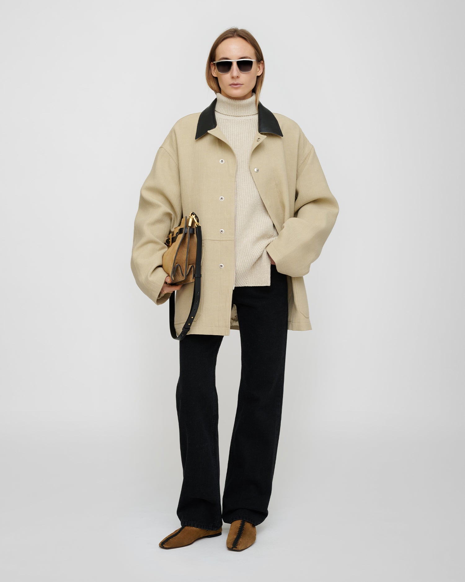 Veste en lin mélangé sablé oversize avec boutons-pression et poches avant