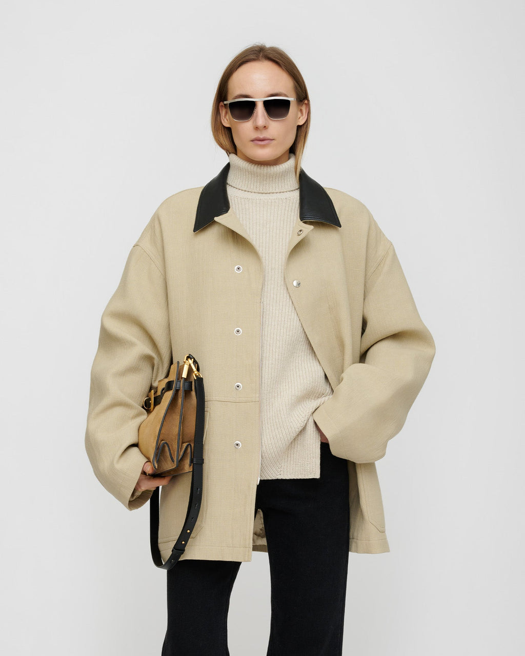 Veste en lin mélangé sablé oversize avec boutons-pression et poches avant
