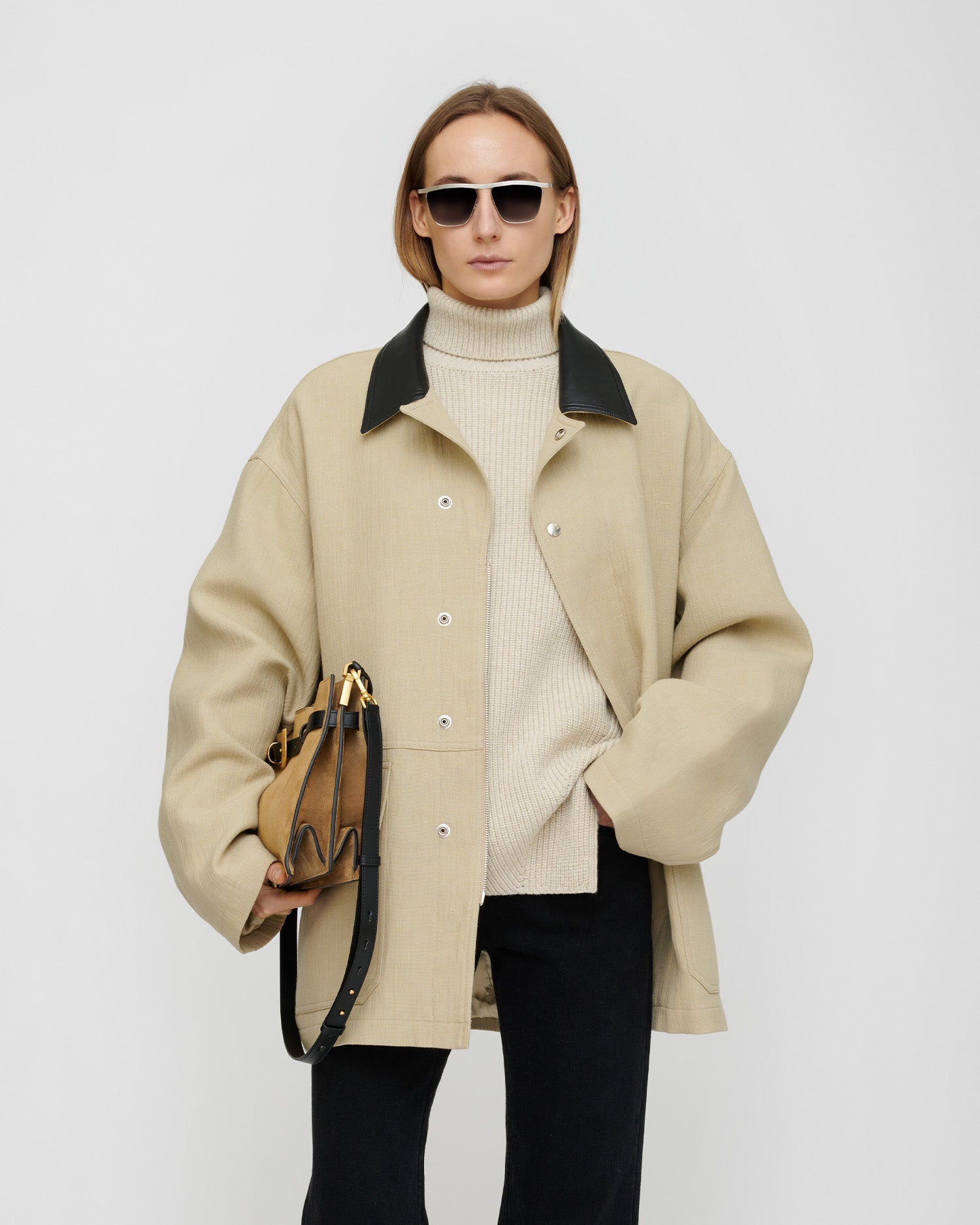 Veste en lin mélangé sablé oversize avec boutons-pression et poches avant