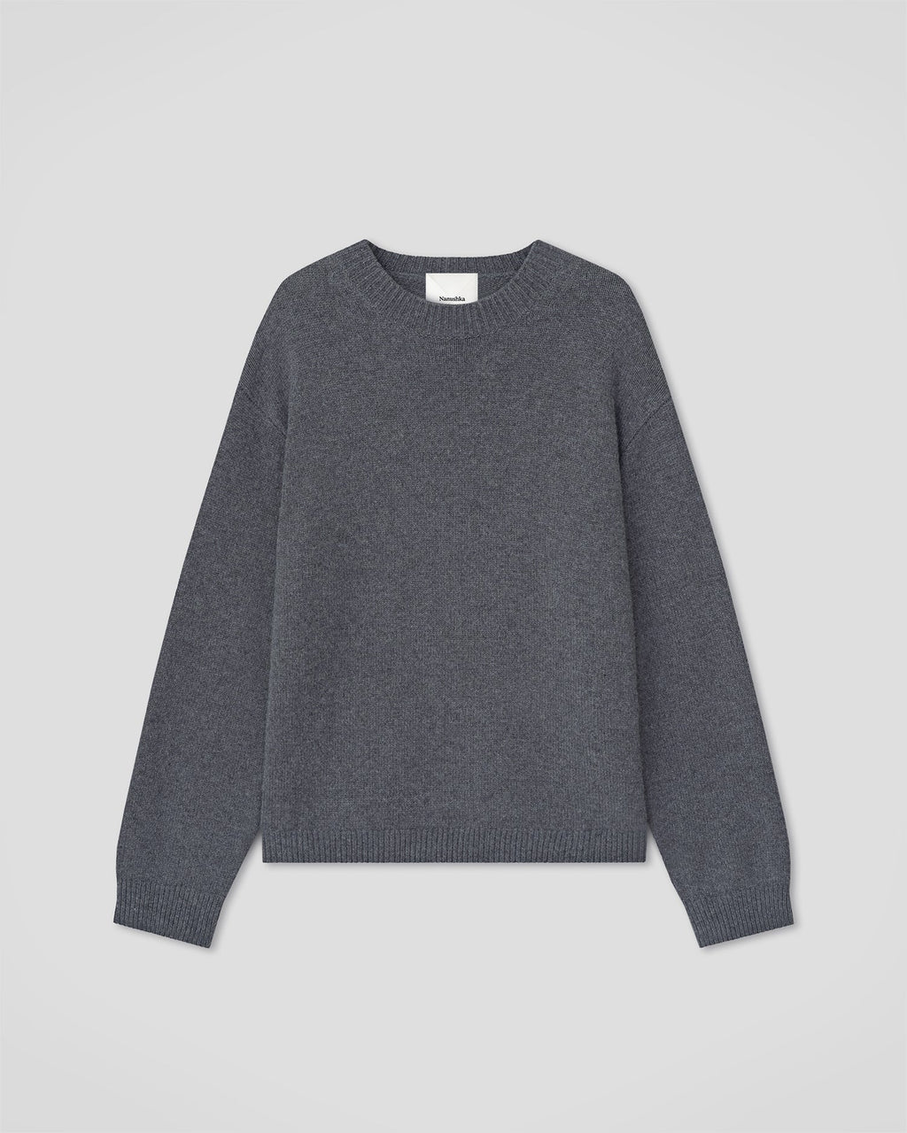 Pull en maille décontracté à col rond gris tempête en laine mélangée de coton