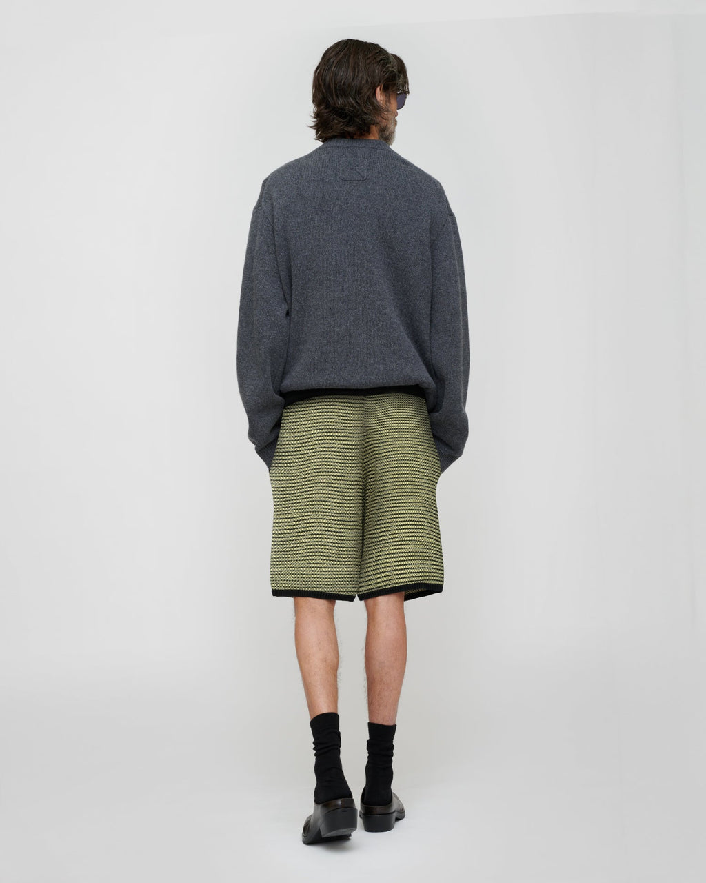 Pull en maille décontracté à col rond gris tempête en laine mélangée de coton