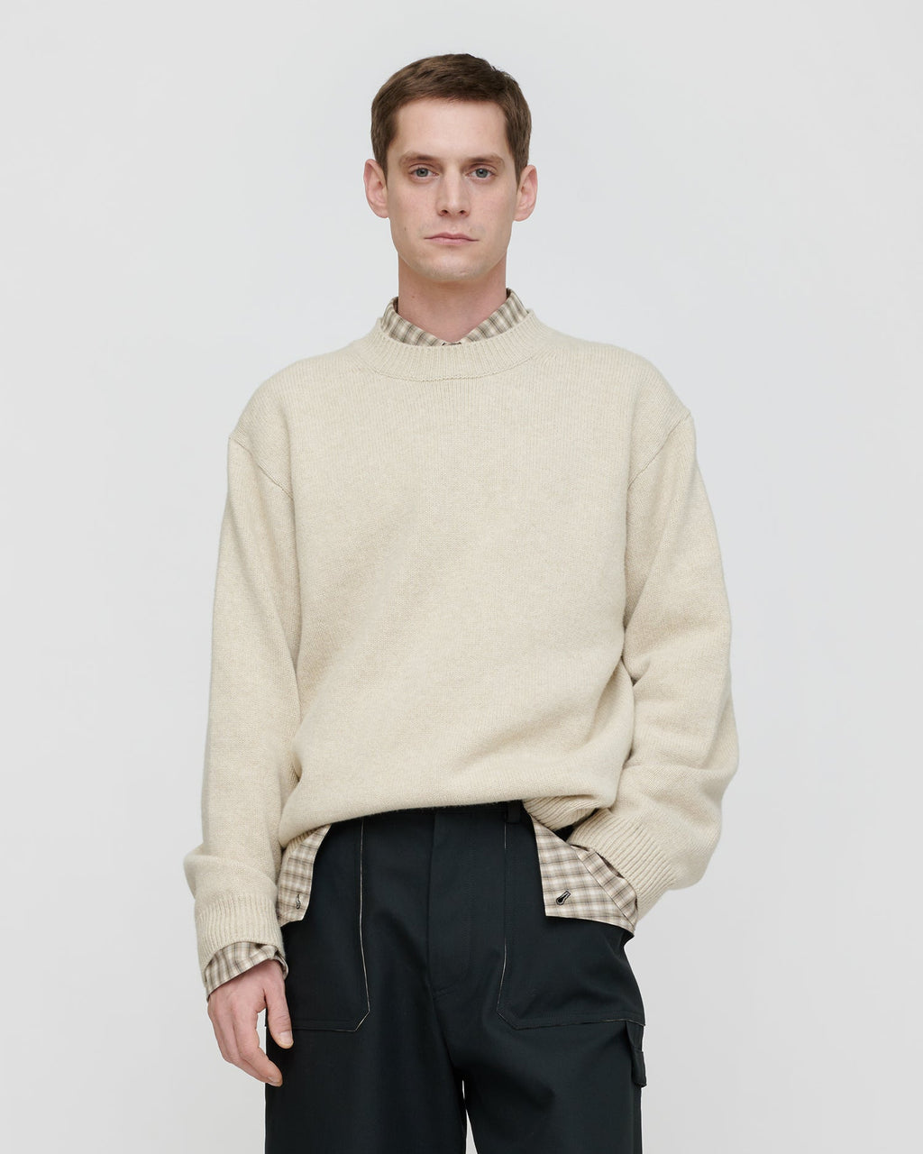 Pull col rond en laine et coton mélangés coupe classique crème
