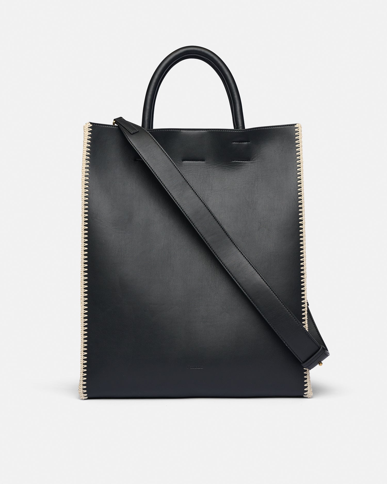 Sac fourre-tout en cuir et crochet fait main noir et crème avec bandoulière