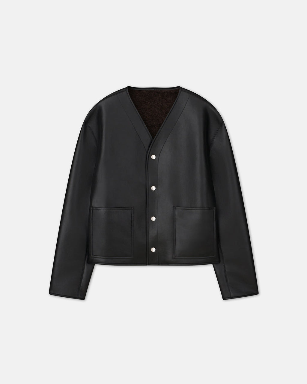 Veste droite sans col en cuir recyclé avec bordure en peau lainée Noir Marron
