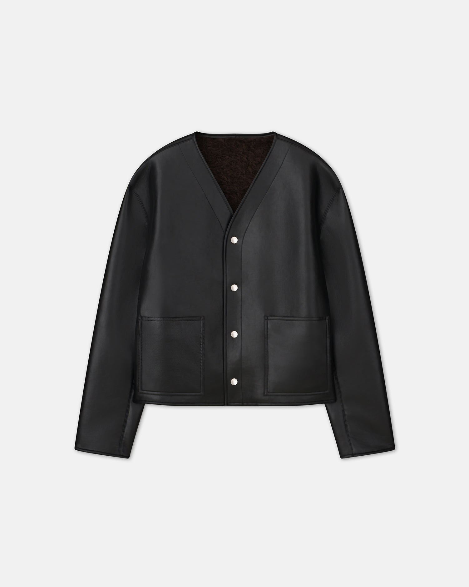 Veste droite sans col en cuir recyclé avec bordure en peau lainée Noir Marron