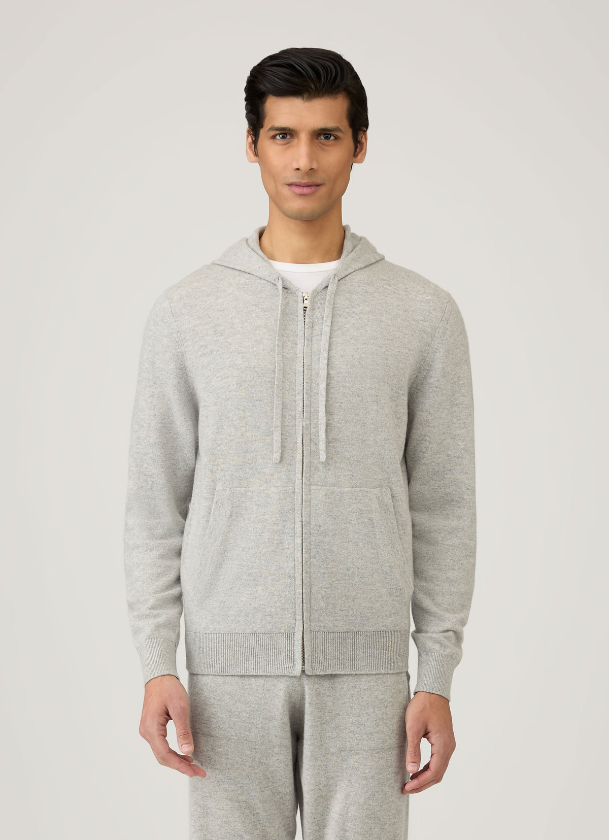 Sweat à capuche en cachemire entièrement zippé gris mélangé avec poches plaquées