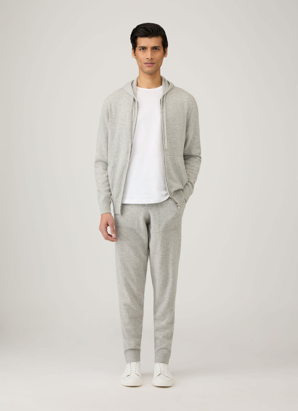 Sweat à capuche en cachemire entièrement zippé gris mélangé avec poches plaquées