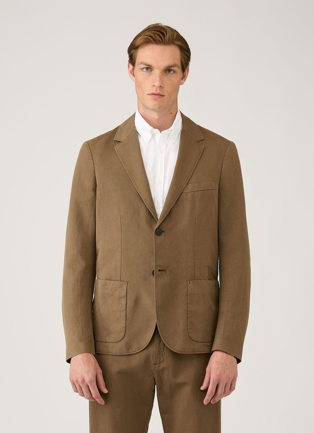 Blazer déstructuré en coton et lin marron cèdre foncé, veste à simple boutonnage deux boutons