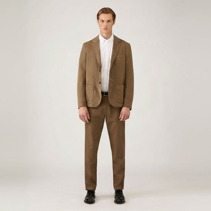 Blazer déstructuré en coton et lin marron cèdre foncé, veste à simple boutonnage deux boutons
