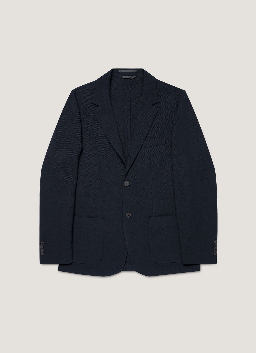 Blazer en laine marine déstructuré à revers cranté, coupe droite à deux boutons