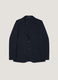Blazer en laine marine déstructuré à revers cranté, coupe droite à deux boutons