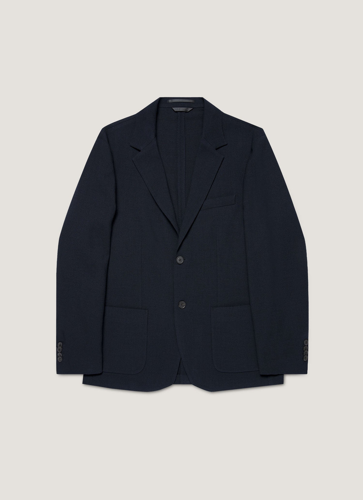 Blazer en laine marine déstructuré à revers cranté, coupe droite à deux boutons