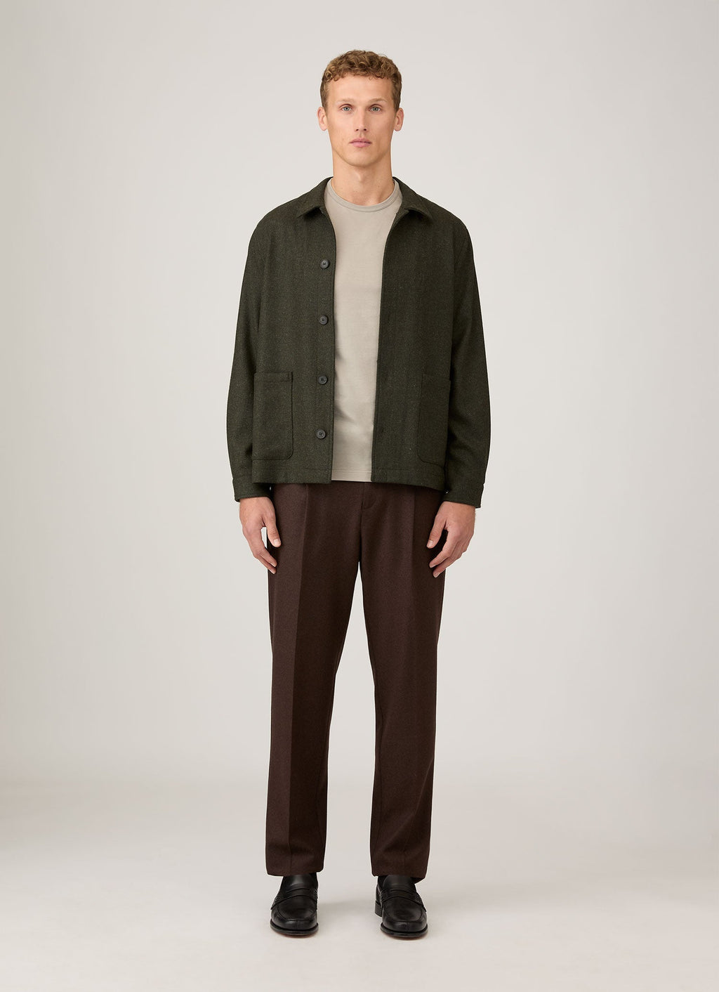 Veste décontractée surchemise boutonnée à double poche en laine vert olive