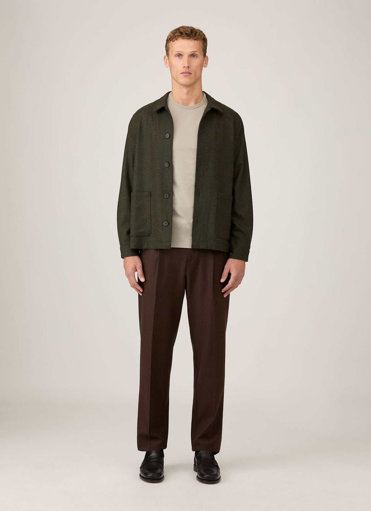 Veste décontractée surchemise boutonnée à double poche en laine vert olive