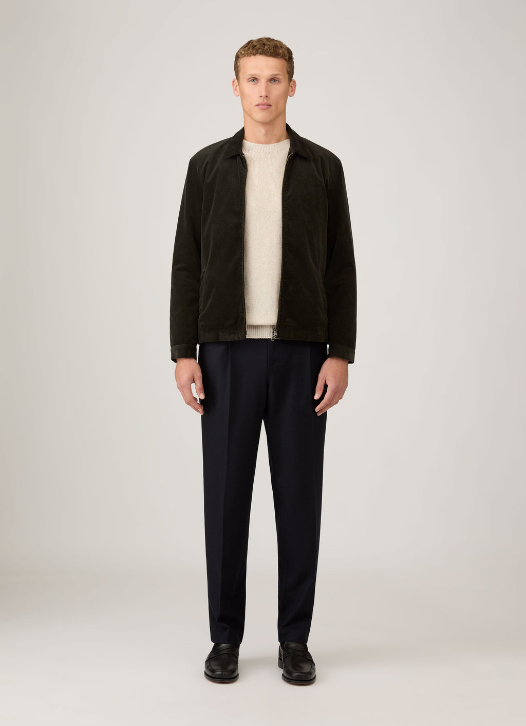 Blouson Harrington zippé en velours côtelé teint en pièce vert foncé Coupe classique