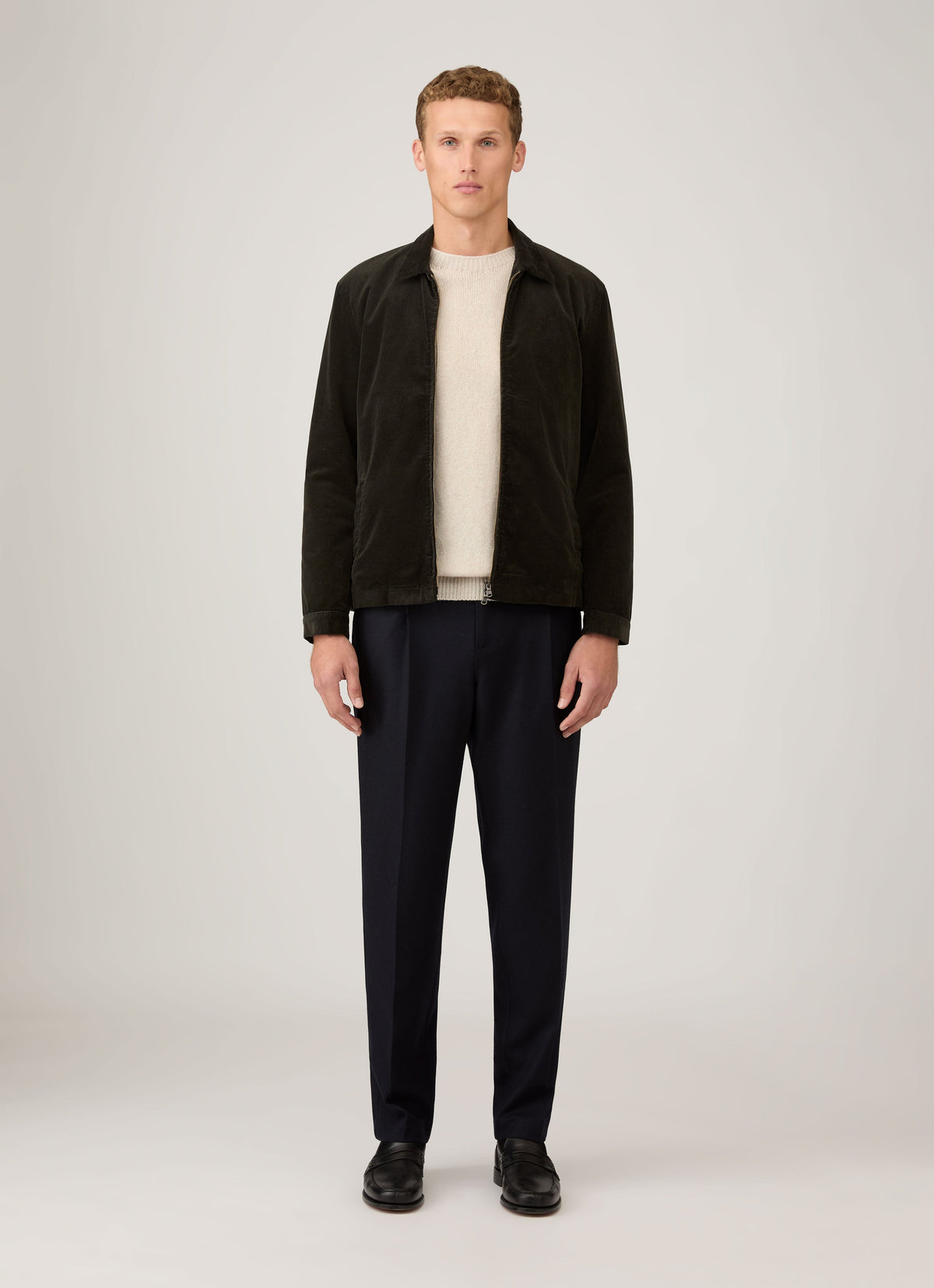 Blouson Harrington zippé en velours côtelé teint en pièce vert foncé Coupe classique